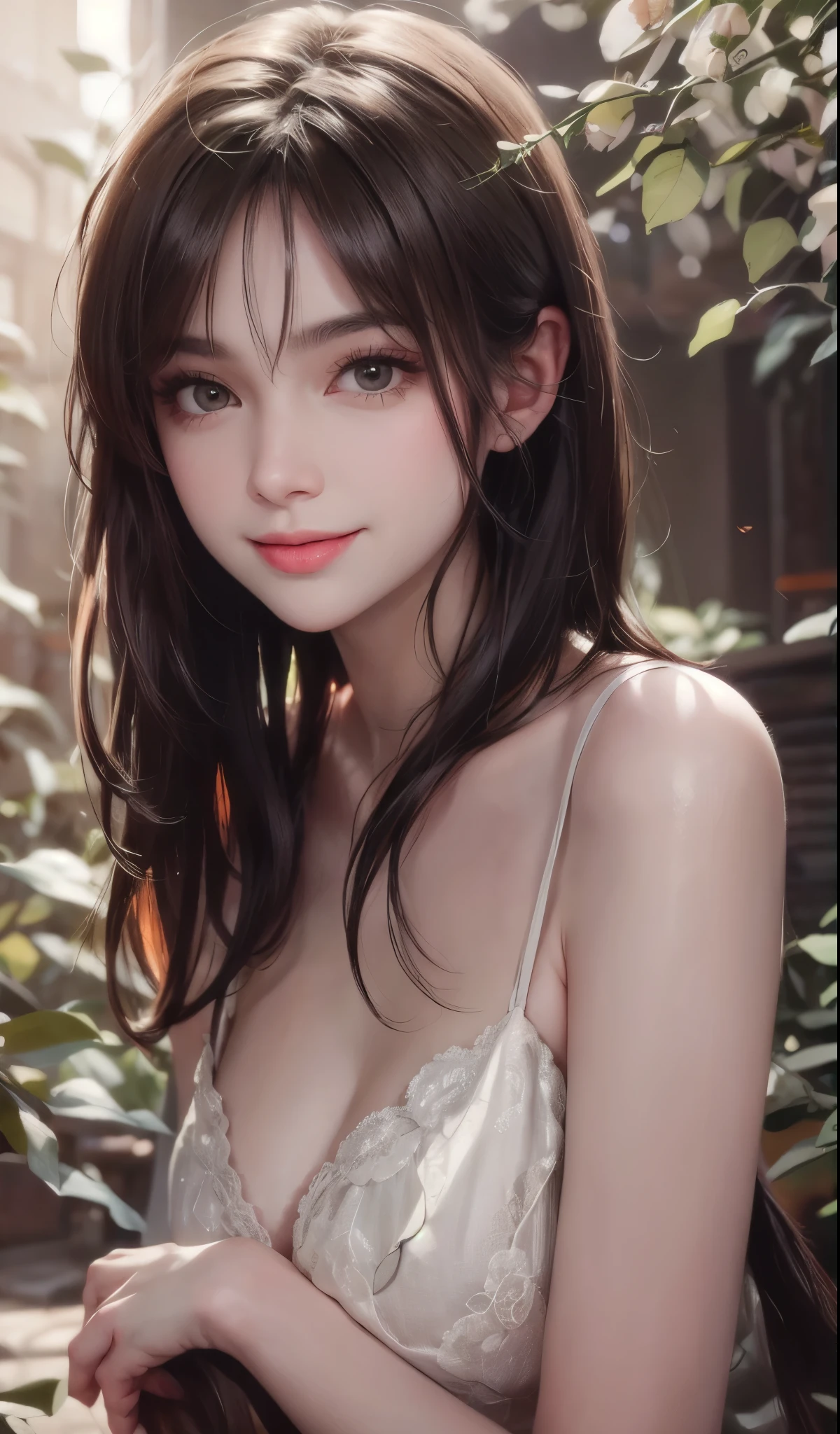 short hair、brown hair、woman posing for a photo, smile, Happy, long hair, straight hair, delicate skin, during the day, hot summer day, Natural light, detailed face:1.2, sharp focus, Hasselblad Photos, masterpiece, light makeup, cinematic lighting, 4k, highest quality