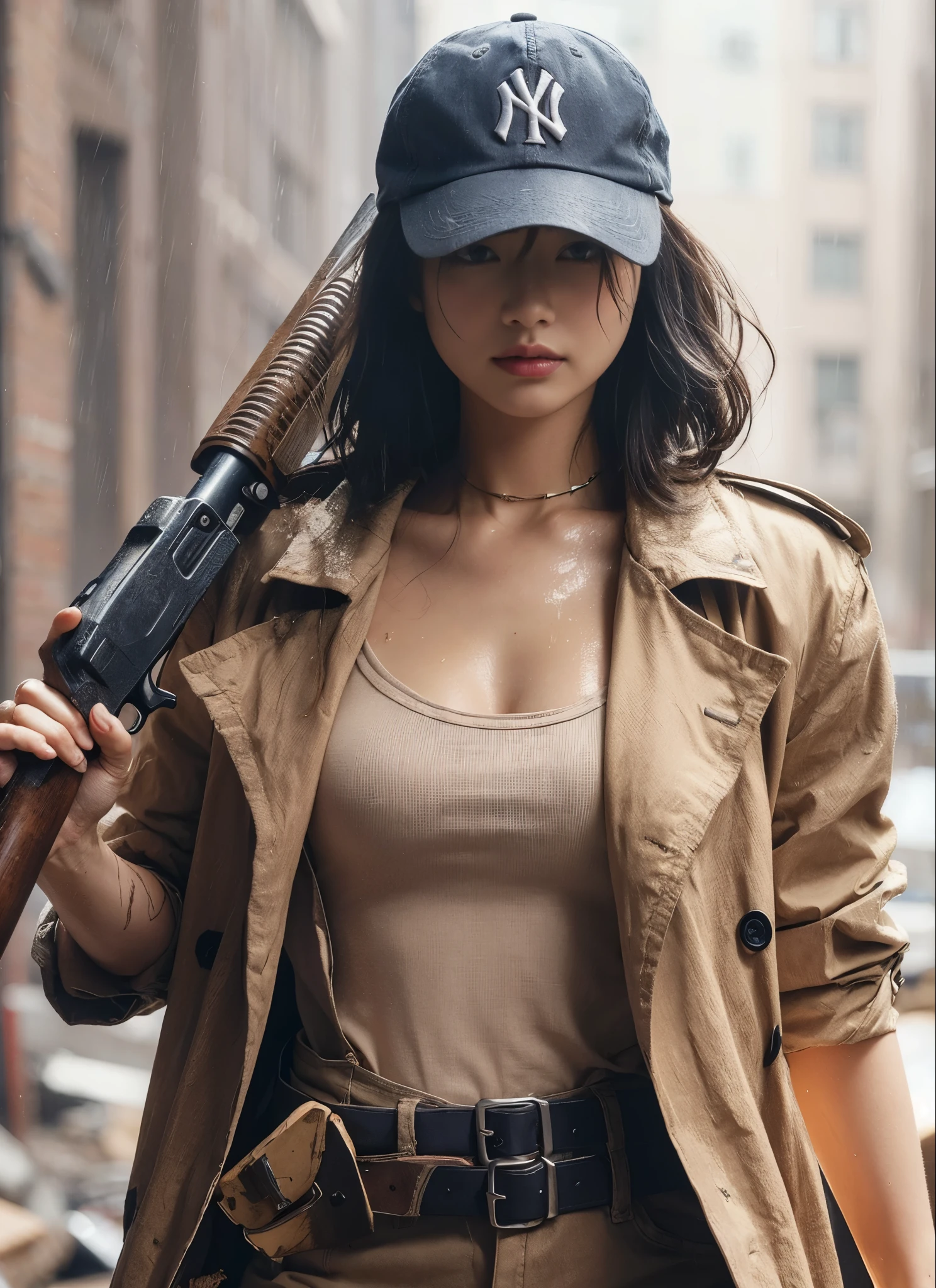 (highly detailed, realistic photo, realistic skin texture), 8K, an American-based beautiful Japanese woman holding a sawed-off shotgun at her waist and looking back, wearing a dirty and torn beige trench coat, a navy Yankees baseball cap, dirty high-top Nike sneakers, in an alley with scattered bricks and debris, with rain falling and wet clothes, with a fascinating and action-packed pose, and a cool composition.