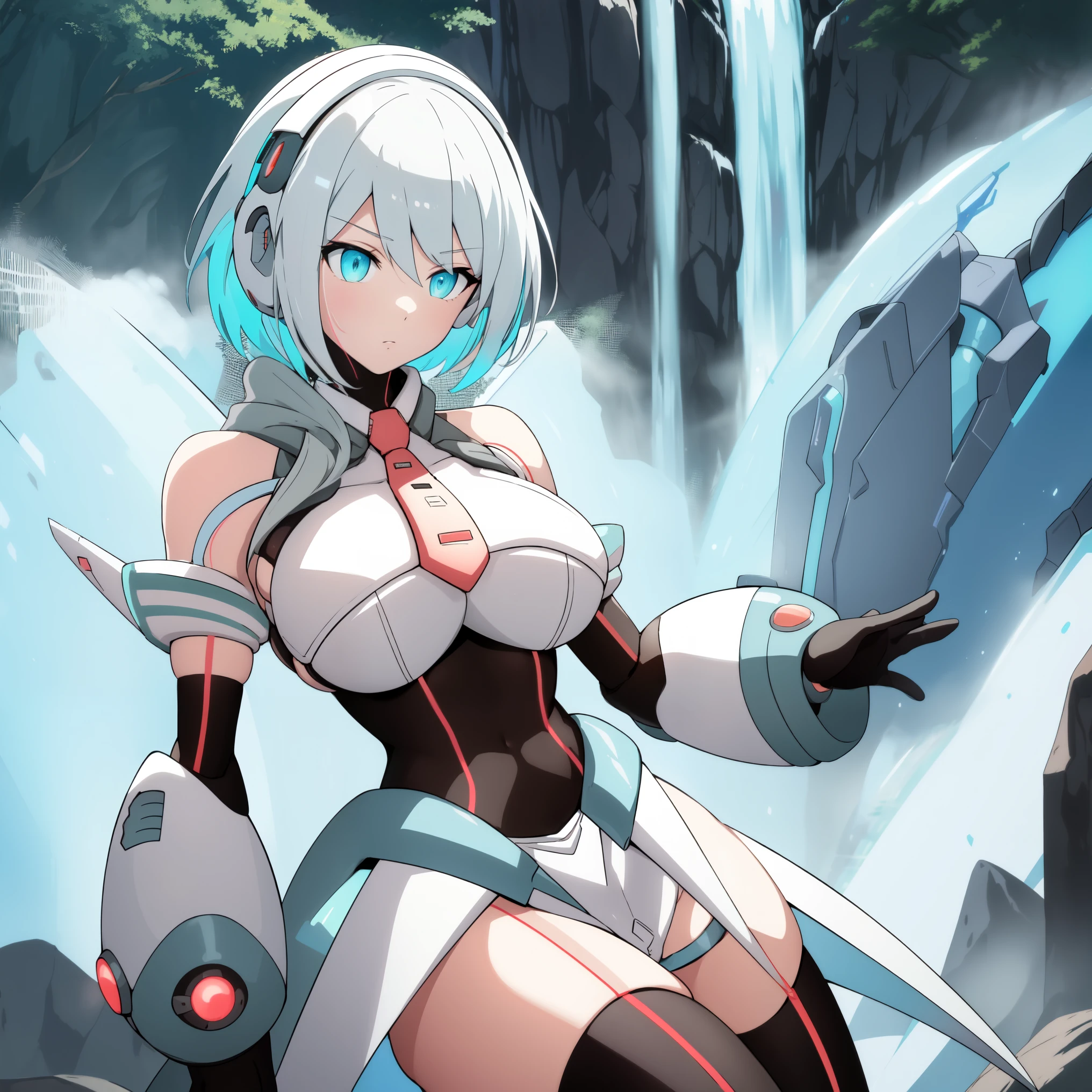 ico_megamanxdive, 1girl, blue eyes, solo, white hair, android, large breasts, black gloves, short hair, thighhighs, necktie, high quality, masterpiece, in a dark forest looking out at a waterfall, in the style of ultra detailed, dark cyan and light bronze, eye-catching tags, physically based rendering, depictions of inclement weather, heavy shading, landscape inspirations