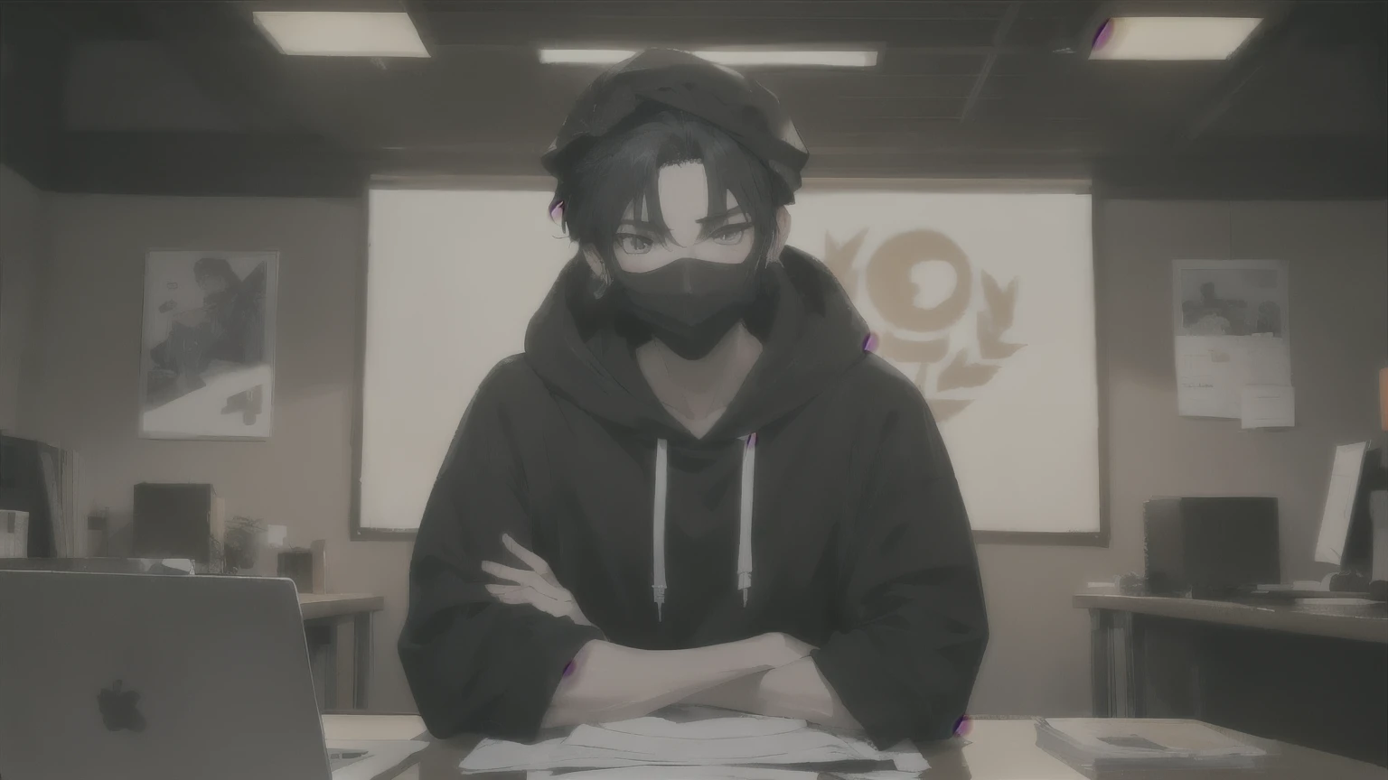 sincere looking asian MALE character who is wearing a black cloth face mask, a black hoodie, wearing hoodie hat over head