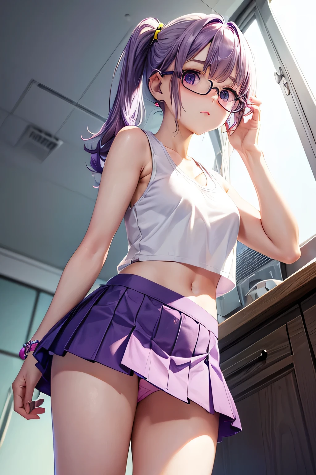 glasses、(((Panty shot)))、mini skirt、(((white tank top))、Beauty、purple hair long、((whole body))、(((photo taken from below)))、indoor