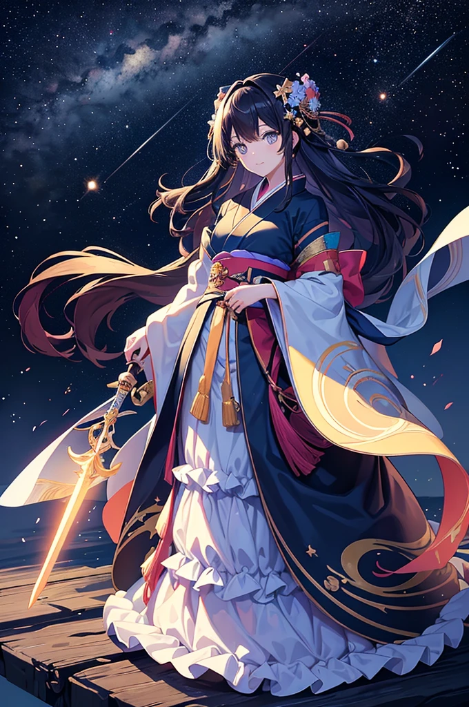 top-quality、Top image quality、​masterpiece、girl with、Beautifully shining stars々Glowing cosmic background、Girl in gorgeous Japanese-style kimono、(Standing with a large shining sword)、Fantastic and beautiful