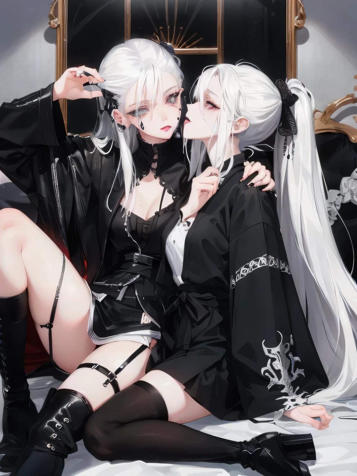 Two women kisasterpiece, best quality, high quality, ultra detailed, 1girl, looking at viewer, white hair, gray eyes, black lipstick, black shirt, sitting on a white floor, demon girl, gothcore, 1 7 -  - old,th girl, japanese gothic, gothic punk style, black metal style, hands on head,.yurikiss、Girl kissing girl、