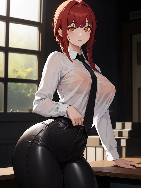 (masterpiece:1.2, best quality:1.2, beautiful, high quality, highres:1.1, aesthetic), detailed, extremely detailed, ambient soft lighting, 4K, perfect eyes, perfect face, perfect lighting,perfect female body, perfect breasts, perfect hips, perfect anatomy perfect hands makima \(chainsaw man\), best quality, ultra detailed, 1girl, solo, standing, red hair, long braided hair, golden eyes, bangs, huge breasts, huge ass, huge thighs, narrow waist, wide hips, thick thighs, curvy, tight black pants, white shirt, wet shirt, see through shirt, necktie, stare, smile, looking at viewer, (interview:1.3),