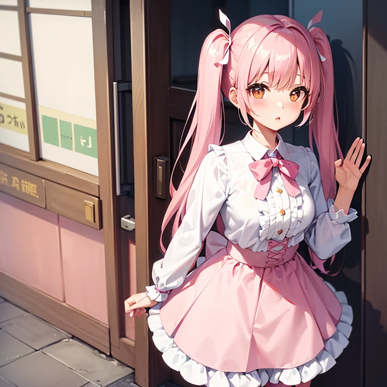 Pink vertical twin tails with ribbons and a white frilled and lace blouse top、The skirt is a cute fluffy pink design and she is wearing white tights.、Cute girl wearing brown loafers。