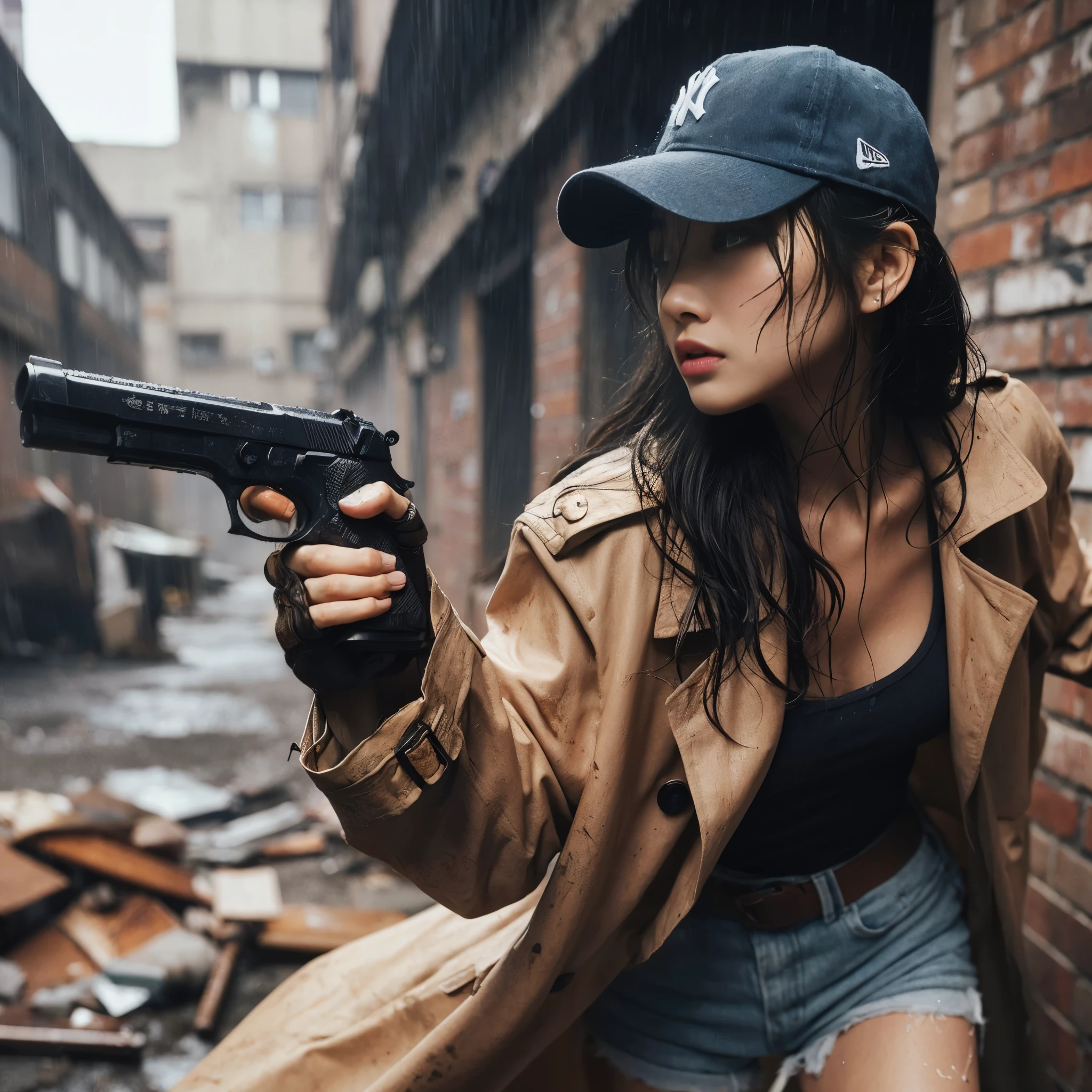 (highly detailed, realistic photo, realistic skin texture), 8K, an American-based beautiful Japanese woman holding a sawed-off shotgun at her waist and looking back, wearing a dirty and torn beige trench coat, a navy Yankees baseball cap, dirty high-top Nike sneakers, in an alley with scattered bricks and debris, with rain falling and wet clothes, with a fascinating and action-packed pose, and a cool composition.