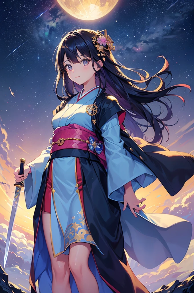 top-quality、Top image quality、masterpiece、girl with、Beautifully shining stars々Glowing cosmic background、Girl in gorgeous Japanese-style kimono、(Standing with a large shining sword)、Fantastic and beautiful