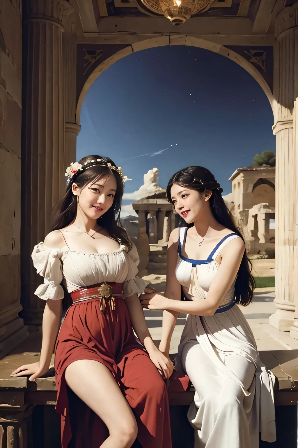 full body portrait or statue、Giorgione painting style,Arguments of two female Philosophe,math、astronomical machine、astronaut、roses in vase、fruits、Cute trinkets、smile、ancient greek costume、Ancient Roman landscape in the style of Nicolas Poussin,laughter,,Sweet and seductive appearance.、Caravaggio's paintings、Chiaroscuro of Caravaggio、hair tousled by the wind,Two women frolicking,cute smile, expression of ecstasy,Sexy,erotic
