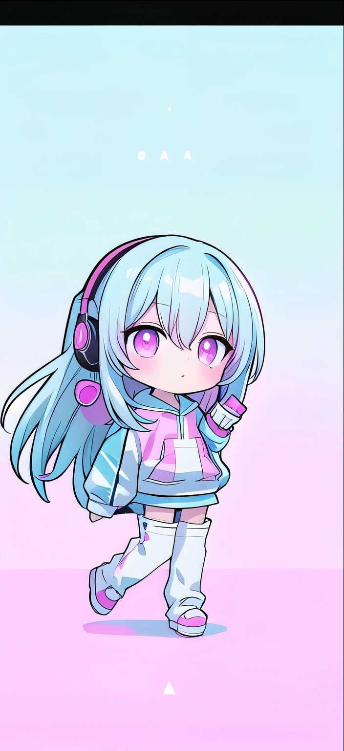 Long light blue hair，Pink and white sweatshirt，pink eyes，Blue headphones