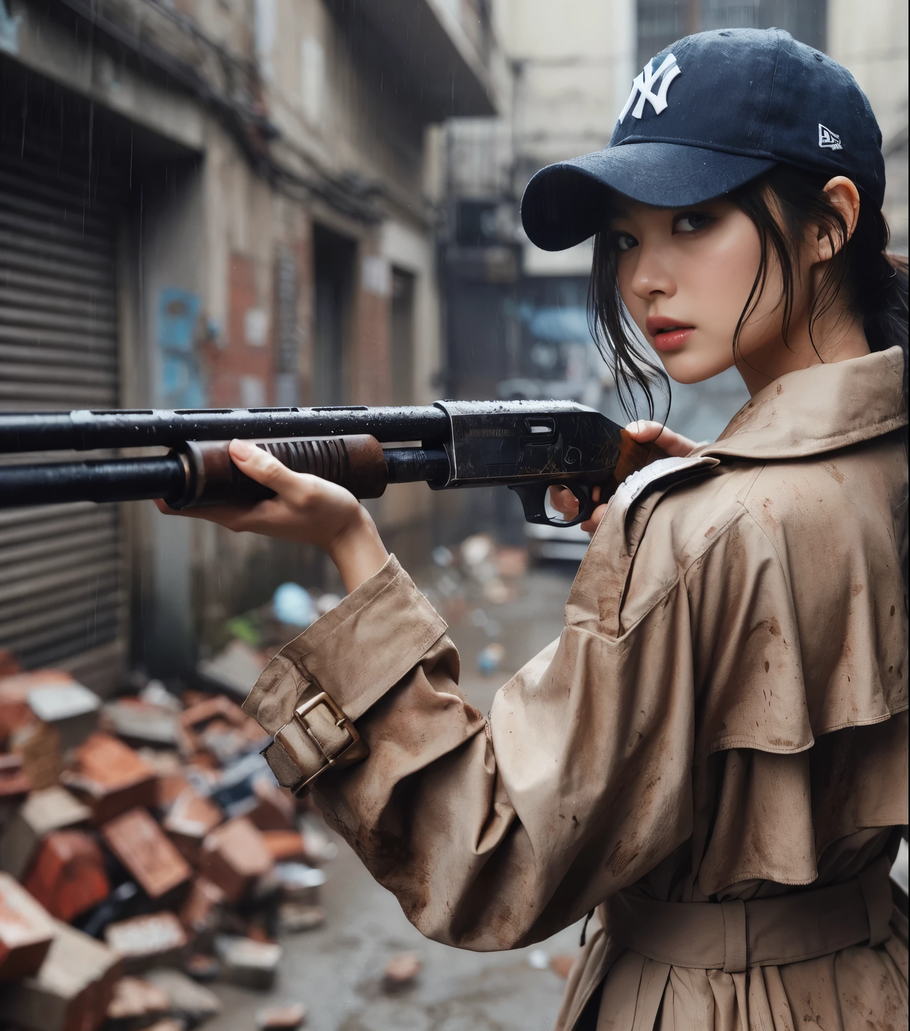(highly detailed, realistic photo, realistic skin texture), 8K, an American-based beautiful Japanese woman holding a sawed-off shotgun at her waist and looking back, wearing a dirty and torn beige trench coat, a navy Yankees baseball cap, dirty high-top Nike sneakers, in an alley with scattered bricks and debris, with rain falling and wet clothes, with a fascinating and action-packed pose, and a cool composition.