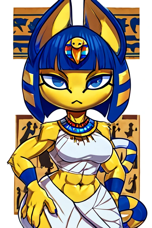 ((best quality)), ((masterpiece)), (detailed), perfect face, a digital artwork of Ankha with abs wearing a crop top of her white outfit with a bare midriff and a bare navel 