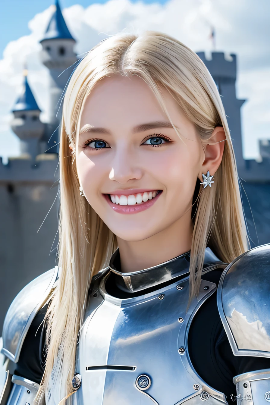 ８Ｋ、highest quality、female knight、The background is a castle、Luxurious Silver Armor、heavy equipment、hairstyle short cut、smile、beautiful teeth、full body photo、ear piercing、white woman、blonde hair、blue eyes、Gummy Smile、The background is a cloudy sky、heavy makeup

