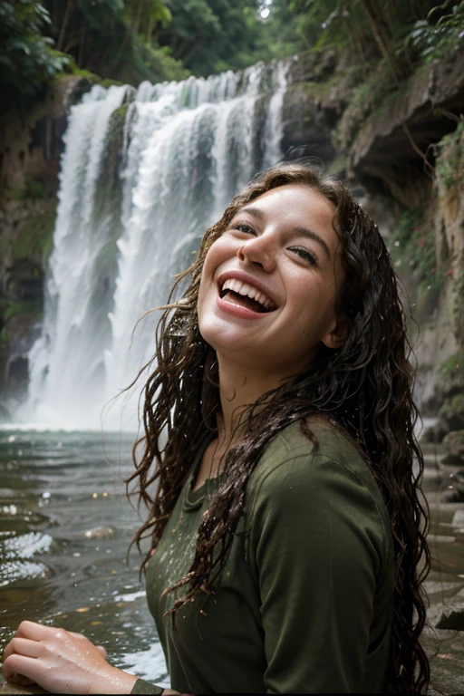 girl with long curly hair,against the backdrop of a waterfall,laughs,Splashing water