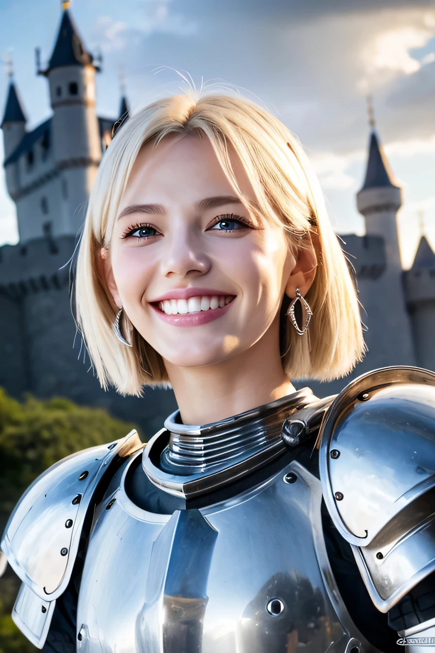 ８Ｋ、highest quality、female knight、The background is a castle、Luxurious Silver Armor、heavy equipment、hairstyle short cut、smile、beautiful teeth、full body photo、ear piercing、white woman、blonde hair、blue eyes、Gummy Smile、The background is a cloudy sky、heavy makeup

