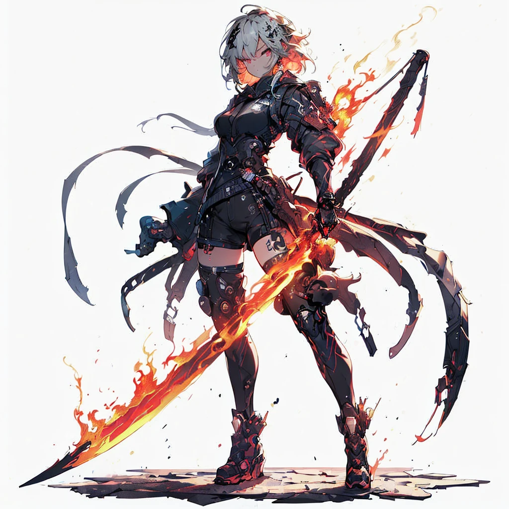 (table top, highest quality), (Perfect athlete body:1.2), (fine hair), super detailed, anime style, whole body, Cyberpunk Ninja, Japan Hairstyles, red eyes, Wield a giant flaming sword, Standing in the wasteland, Wear high-tech boots, 8K high resolution, trend art station, white background, Standing in the wasteland, whole body,kung fu、