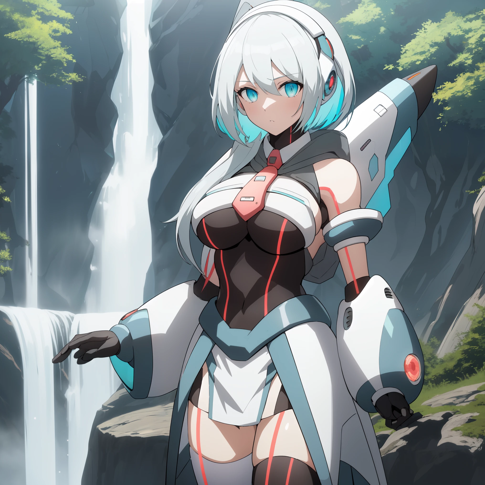 ico_megamanxdive, 1girl, blue eyes, solo, white hair, android, large breasts, black gloves, short hair, thighhighs, necktie, high quality, masterpiece, in a dark forest looking out at a waterfall, in the style of ultra detailed, dark cyan and light bronze, eye-catching tags, physically based rendering, depictions of inclement weather, heavy shading, landscape inspirations