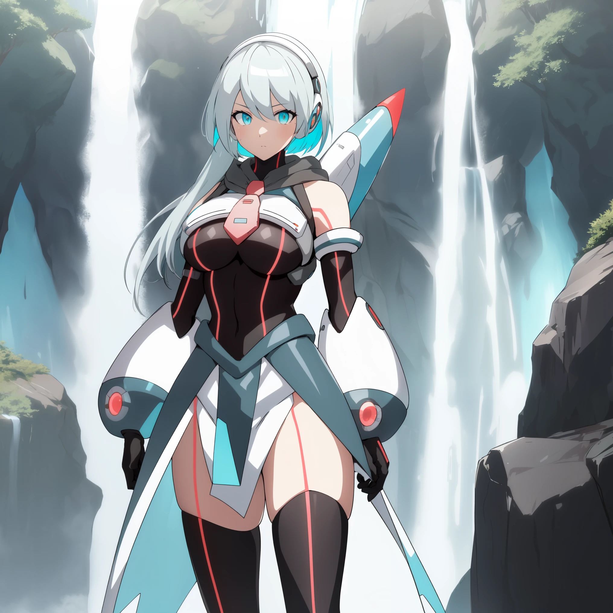 ico_megamanxdive, 1girl, blue eyes, solo, white hair, android, large breasts, black gloves, short hair, thighhighs, necktie, high quality, masterpiece, in a dark forest looking out at a waterfall, in the style of ultra detailed, dark cyan and light bronze, eye-catching tags, physically based rendering, depictions of inclement weather, heavy shading, landscape inspirations