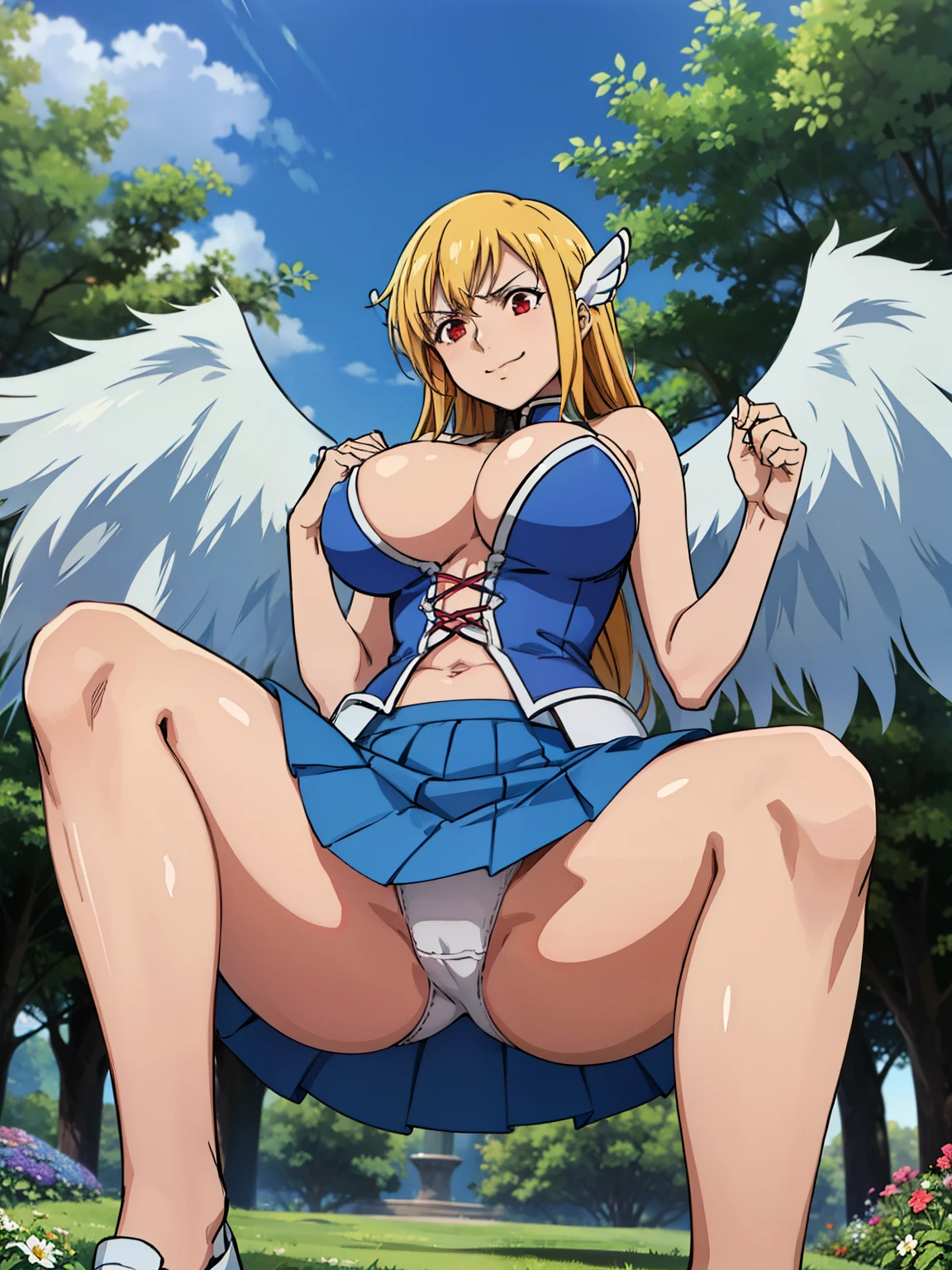 squatting, spread her legs, grabbing breasts pose, white panties, (pov from below), angel wings, wings, BREAK corset, navel, skirt, blue skirt, garden background, astraea, anime cels style, best quality, high resolution, 1girl, (huge breasts:1.2), beautiful face, blonde hair, long hair, (red eyes:1.5), cowboy shot, smirking