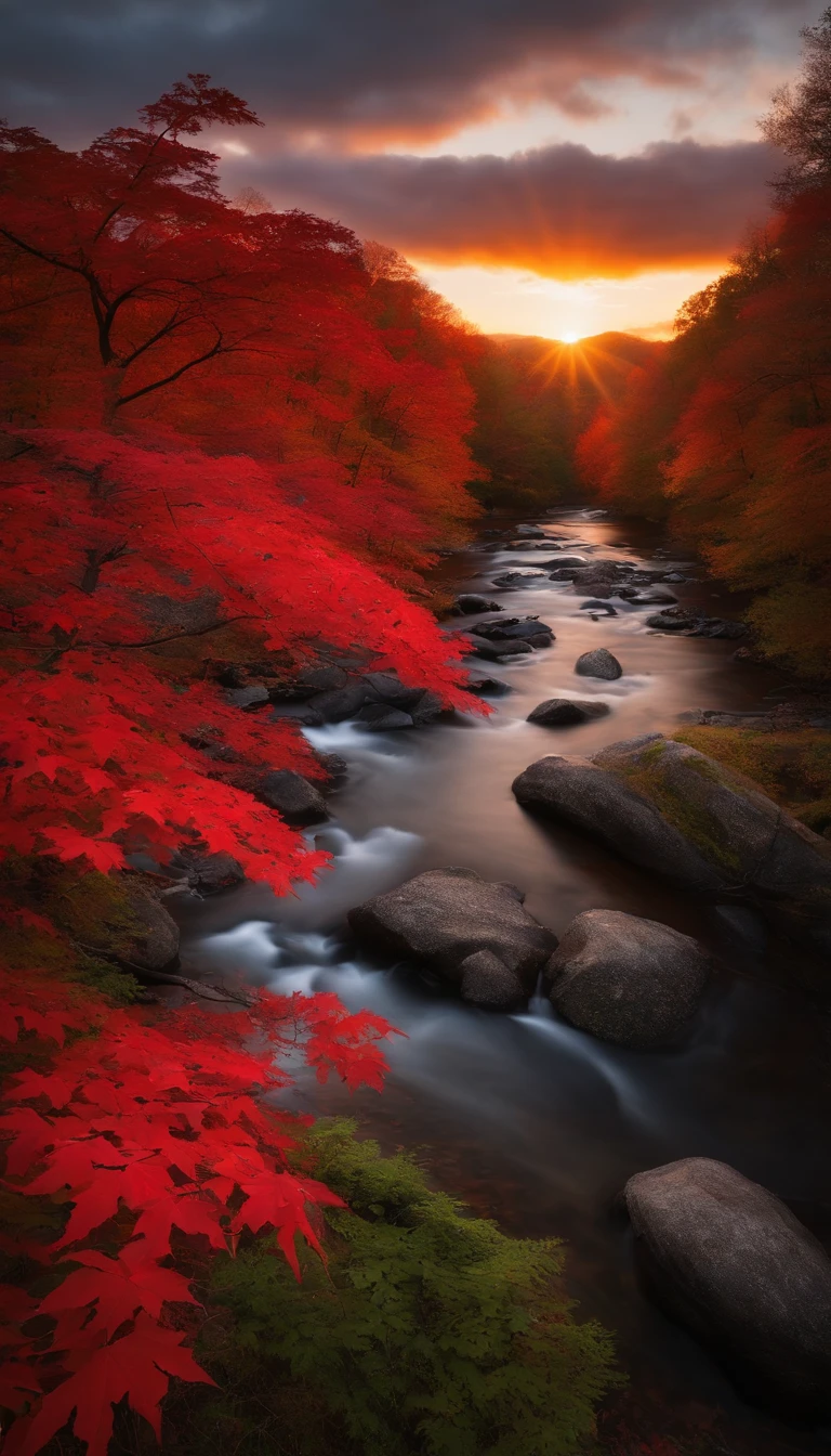 Red maple trees, a few red maple leaves in the foreground, between valleys, streams, long exposure, sunset, a little light.