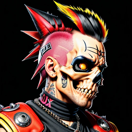 official art, unity 8k wallpaper, ultra detailed, aesthetically pleasing, High quality, masterpiece, best quality, Punk skull with red mohawk, side view, 1man, looking left, wide open mouth, detailed teeth, empty eye sockets, black and red graphic style, high contrast, (best quality, 4k, 8k, high resolution, masterpiece:1.2), ultra-detailed, illustration, HDR, UHD, sharp focus, bold lines, (punk, rebellious, aggressive:1.2), hot color tones, 