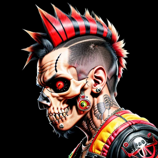 official art, unity 8k wallpaper, ultra detailed, aesthetically pleasing, High quality, masterpiece, best quality, Punk skull with red mohawk, side view, 1man, looking left, wide open mouth, detailed teeth, empty eye sockets, black and red graphic style, high contrast, (best quality, 4k, 8k, high resolution, masterpiece:1.2), ultra-detailed, illustration, HDR, UHD, sharp focus, bold lines, (punk, rebellious, aggressive:1.2), hot color tones,