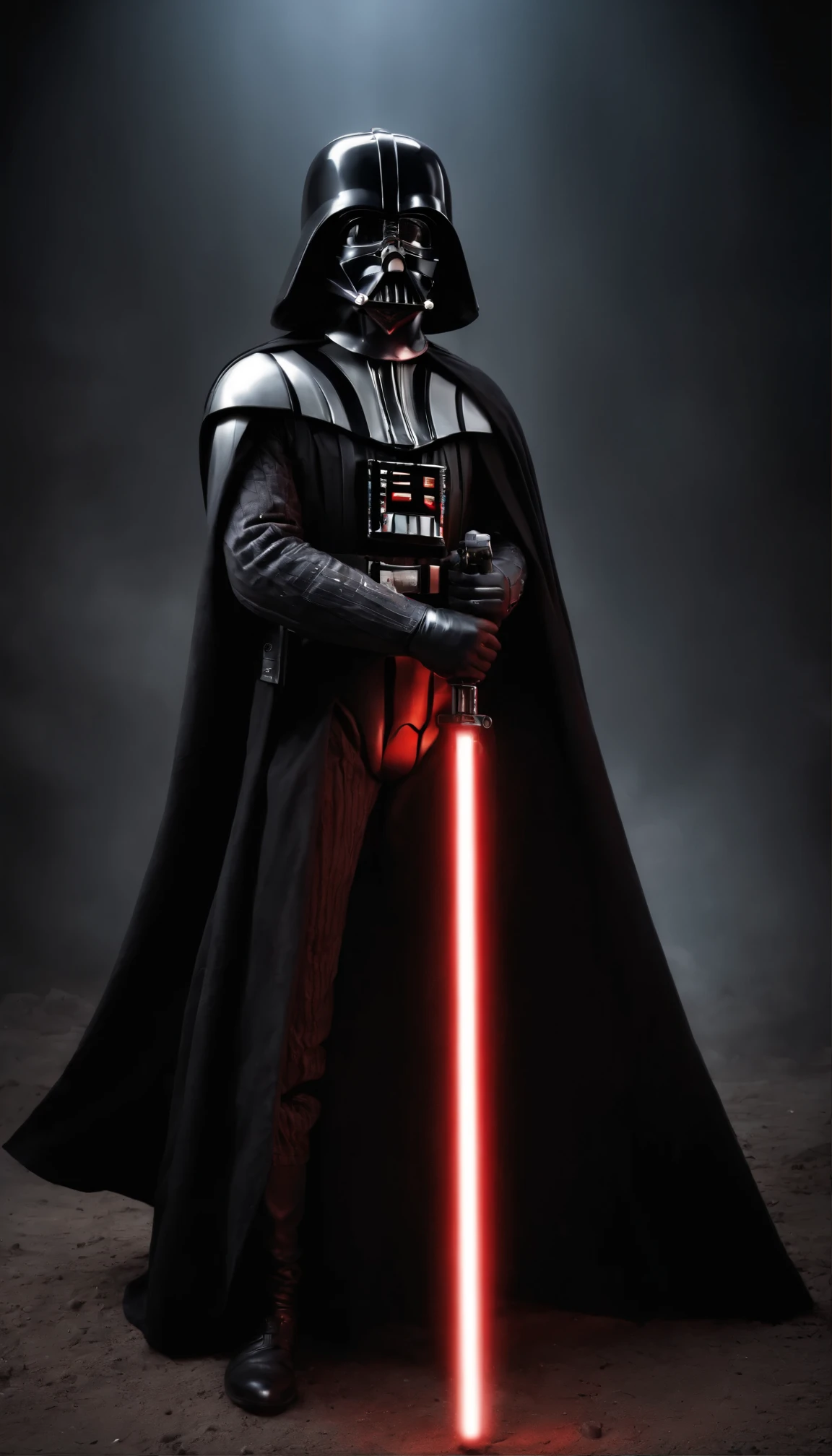 Darth Vader, ((masculino)), retrato, lado escuro, sabre de luz vermelho brilhante, olhos intensos, voz grave, figura imponente, terno fortemente blindado, Cabo ondulado, Senhor Sith, capacete, WMASK, heavy breathing, mechanical limbs, guerra nas estrelas, scientific fiction, dramatic lighting, Preto e branco, sombras contrastantes, Evil, power, dominance, iconic character, Iconic pose, galaxy, space, menacing presence, force limitation, Villain, Pai de Luke Skywalker, tragic hero, redemption, Iconic quotes. (best quality, ultra-detalhado, fotorrealista, HDR), (artistas conceituais), cores vibrantes, holding red light saber, action pose