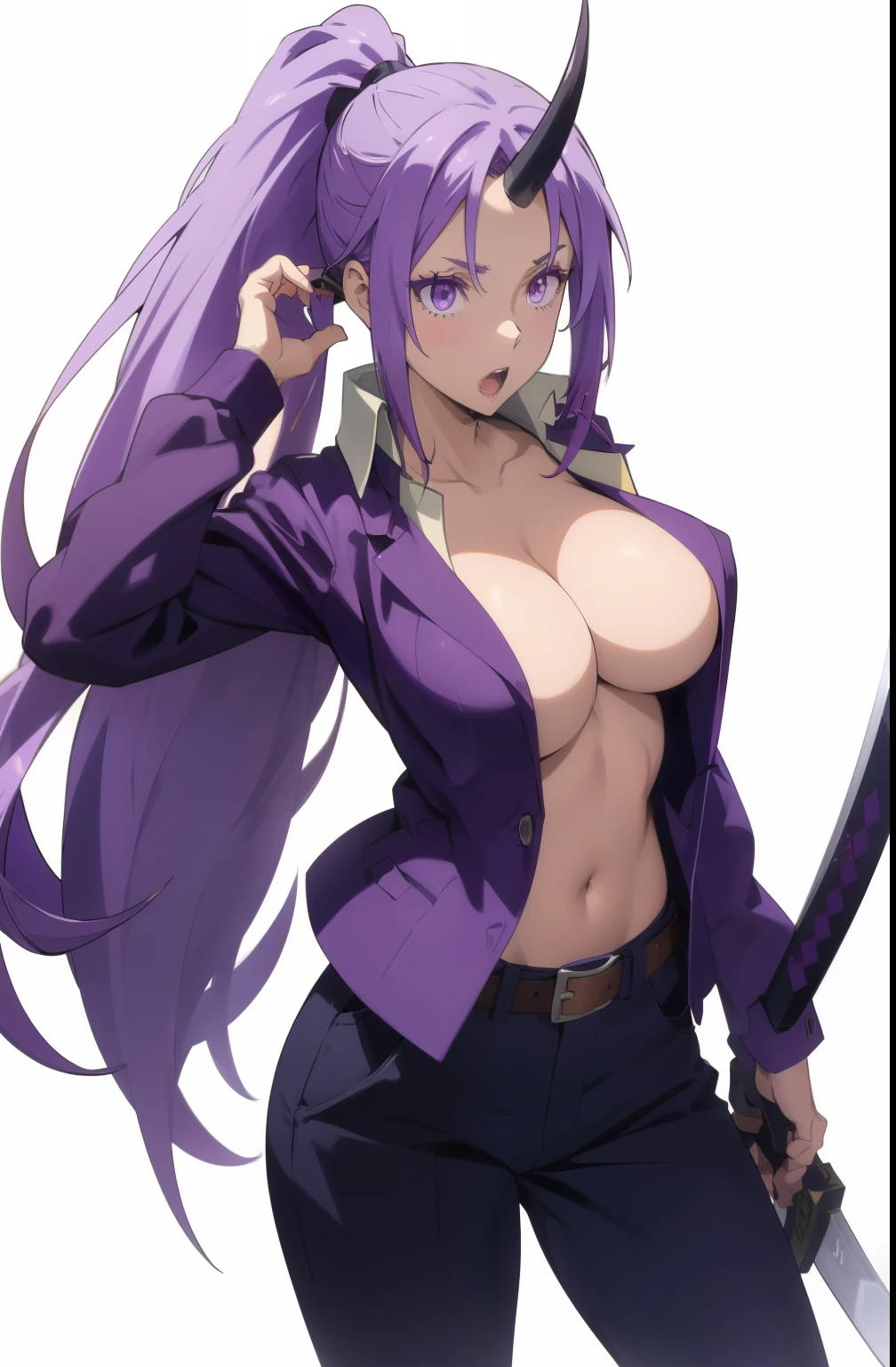 Shion
1girl, belt, breasts, cleavage, collarbone, holding, holding_sword, holding_weapon, horns, katana, large_breasts, long_hair, open_mouth, pants, ponytail, purple_eyes, purple_hair, purple_jacket, shirt, simple_background, single_horn, solo, sword, very_long_hair, weapon, white_background