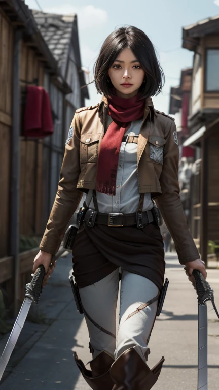 Mikasa, Masterpiece, Best quality, A high resolution, Short hair, Black eyes, Scarf, emblem, belt, thigh band, Red scarf, White pants, Brown jacket, Long sleeves, holding weapon, sword, dual wielding, Three-dimensional motorized gears, Arms spread wide, standing on one leg, Wide shot, sky, Highest quality, high resolution.