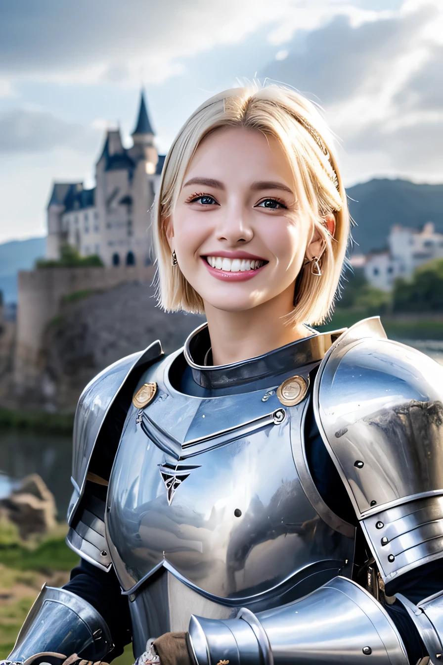 8K、highest quality、female knight、The background is a castle、Luxurious Silver Armor、heavy equipment、hairstyle short cut、smile、beautiful teeth、full body photo、ear piercing、white woman、blonde hair、blue eyes、Gummy Smile、The background is a cloudy sky、heavy makeup