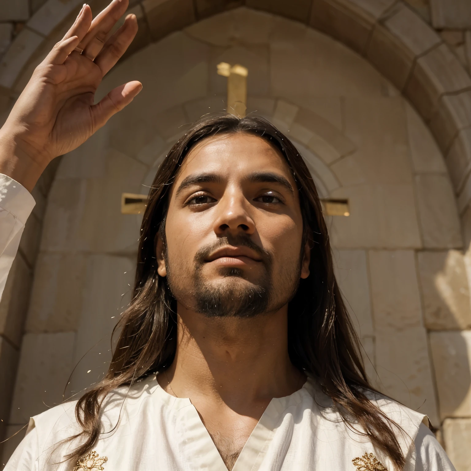 ```
Draw a scene where Jesus Christ is ascending into heaven while waving to his followers below. Be sure to portray Jesus with a calm, loving expression, wearing traditional clothes of the time. Draw your followers looking up with expressions of awe and reverence. Add clouds around Jesus to symbolize his heavenly ascension, e um brilho suave ao redor de sua figura para representar sua divindade. Ensure that the image composition is balanced and that all elements are well proportioned. Use soft, calm colors to convey a sense of peace and transcendence.
```