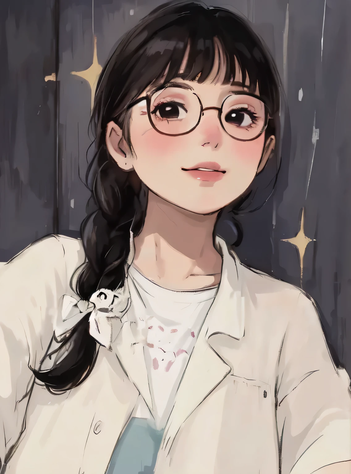 a close up of a girl wear glasses and a white shirt, kawaii realistic portrait, cute portrait, Realistic cute girl painting, wear glasses, Cute nerdy smile, Beautiful anime portrait, Lofi portrait, girl wear glasses, Portrait anime girl, high quality portraits, Anime visual of a cute girl, Portrait of cute anime girl, Cute anime girl portrait, lofi girl