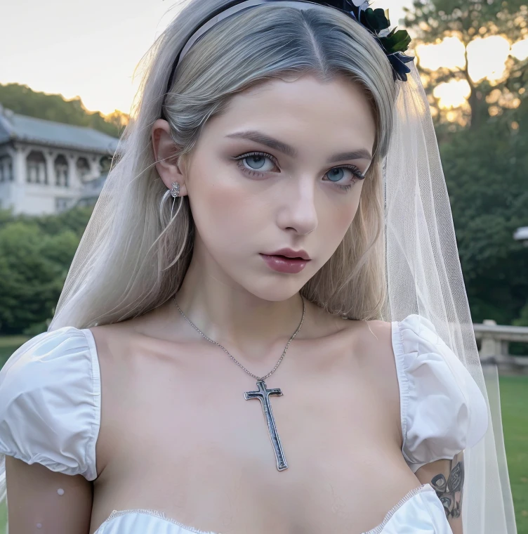 1 miniature Beautiful beautiful woman - Yuan Sayuki, ((top quality, 8K, Masterpiece:1.retty woman, 1 woman, huge breasts:1.3, a slim body:1.1, lush white Long hair, (shower, wet body, wet clothes:1.1), very detailed face, detailed lips, detailed eyes, double eyelids, Detailed blue eyes, чрезвычайно Detailed Outstanding Blue Eyes, short white wet hair, white wet hair, Detailed Outstanding Blue Eyes, innocent look at the viewer, very wet wavy white hair, Detailed Outstanding Blue Eyes, huge cross earrings, Outdoors, badges behind, gothic wedding uniform, sexy gothic style wedding dress with veil, bare chest, huge chest tattoo wearing a wreath, detailed huge earrings, chest tattoo, Outside - there are trees and a buddhist temple in the background, wear a silver cross (Detailed cross shape), reality mode, wet breasts, black necklace, black wedding dress and black veil, human crowd behind, head/forehead chain veil, black latex gloves, naked breasts, naked breasts, naked nipples, hair of white snowy colour,