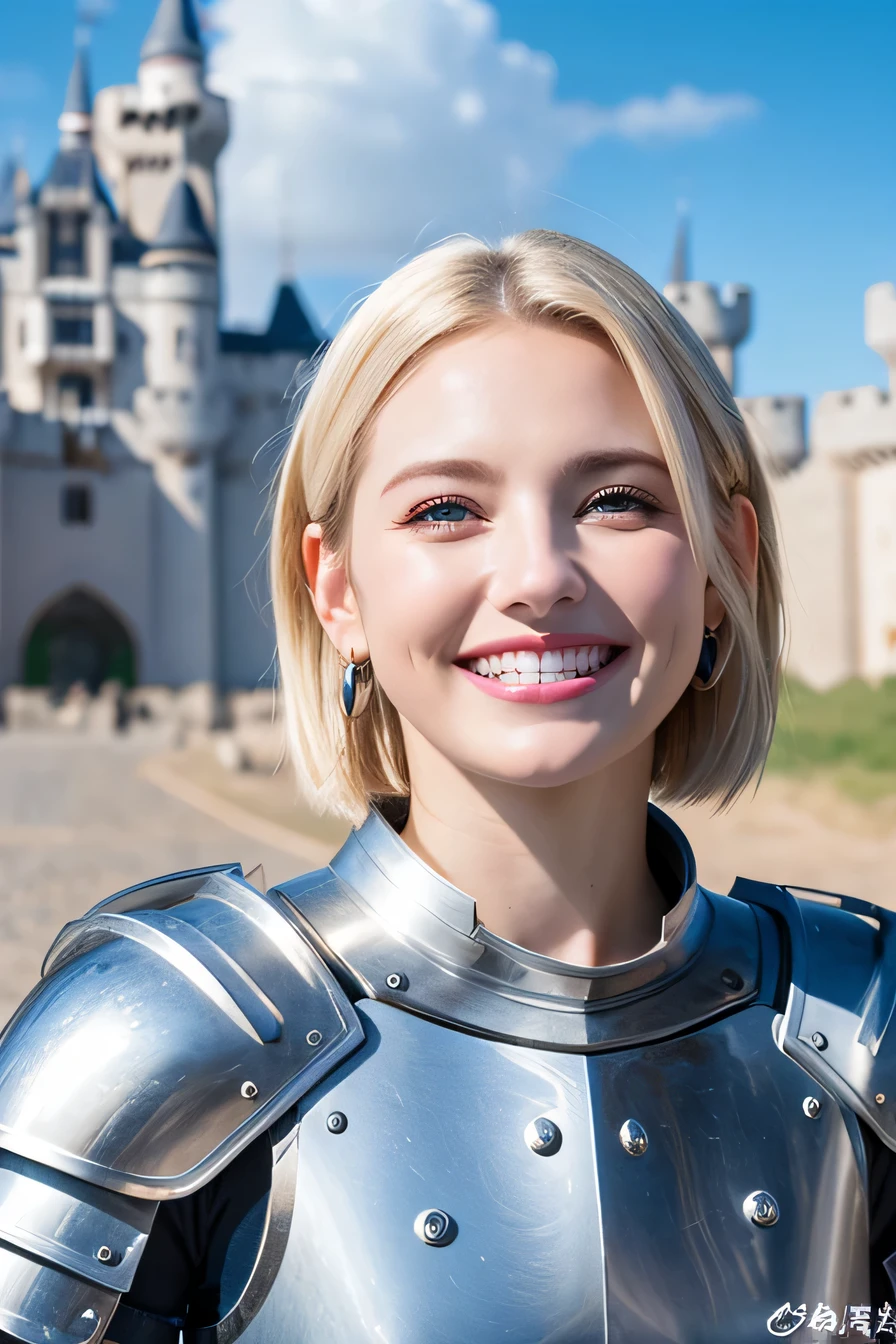 8K、highest quality、female knight、The background is a castle、Luxurious Silver Armor、heavy equipment、hairstyle short cut、smile、beautiful teeth、full body photo、ear piercing、white woman、blonde hair、blue eyes、Gummy Smile、The background is a cloudy sky、heavy makeup