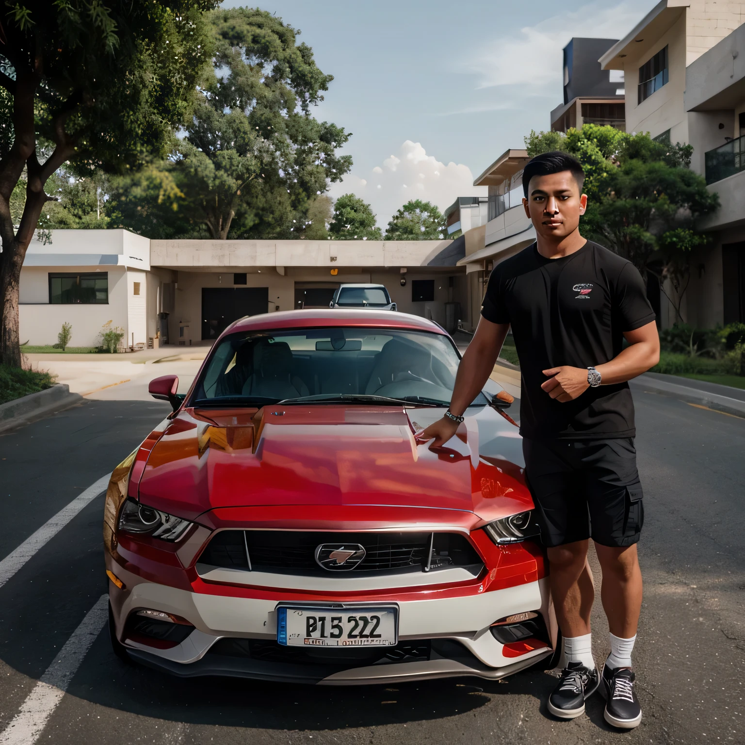 a handsome Indonesian man,short hair, face covered facing the camera, big body wearing a T-shirt, wearing black cargo shorts, red Converse shoes, standing in a white Mustang sports car with a shiny dragon on it with the doors opening upwards withTribal car sticker, written with the text "AFFAN" folded in a hand. Roadside background on the sidewalk, clear night, moonlight shining on the car