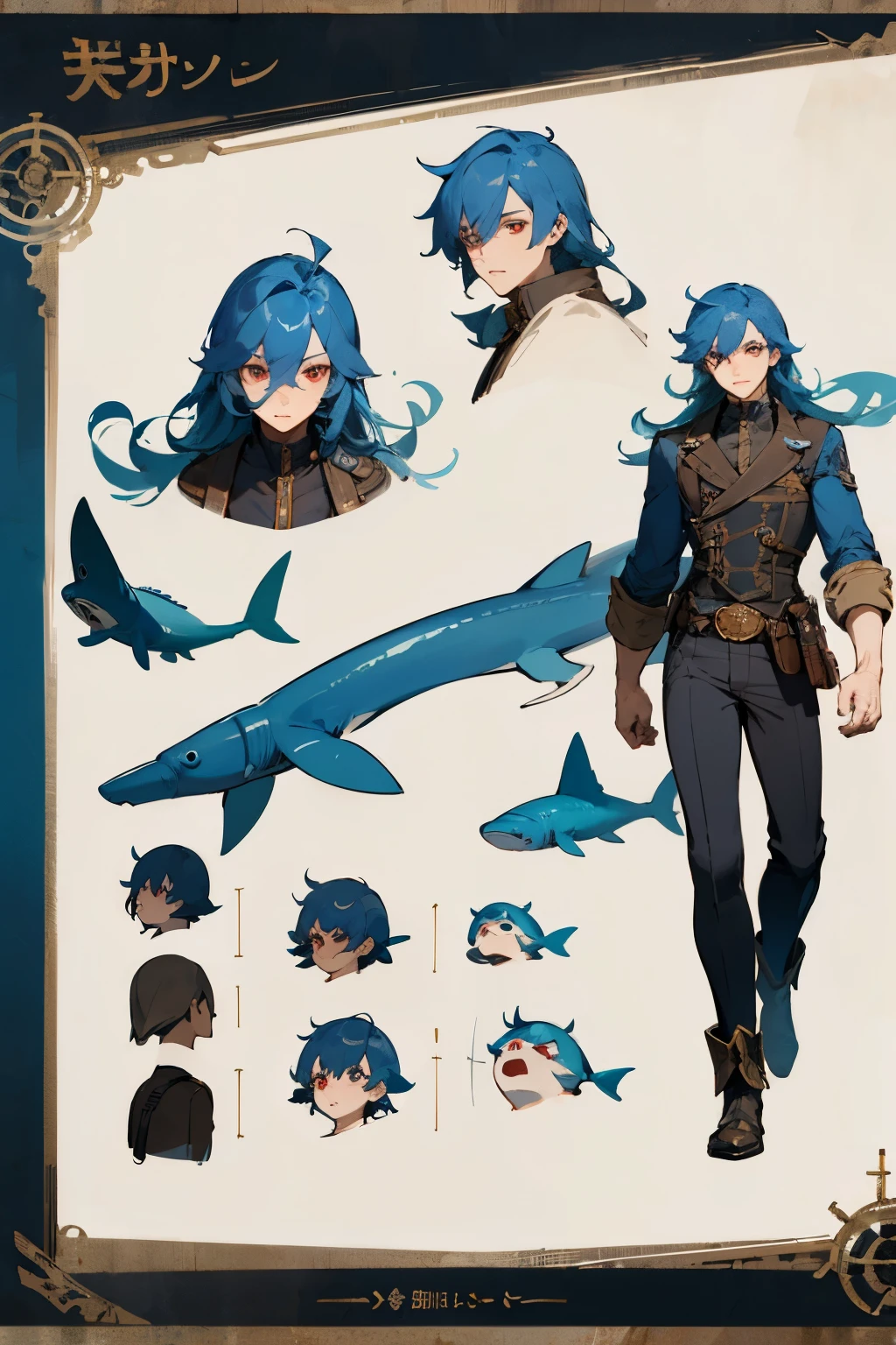 ((best quality)), ((masterpiece)), (detailed), perfect face, male, blue hair, red eyes, character sheet, long hair, steampunk, full body, energetic, shark, muscular, adult