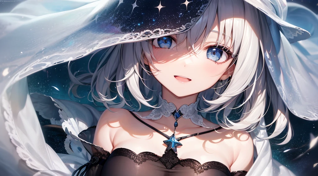 She is a woman with star beauty,Her eyes were shining,Like the stars in the starry sky。Her hair is soft and shiny,that'It's like a starry sky。her skin was beautiful like moonlight,Mysterious and enchanting atmosphere。With AI Painting,Make her beauty more vivid with delicate lines and gorgeous colors,i feel like i'in the starry sky。super high quality, with a girl, 20-year-old, とてもshort hair, long bangs between eyes, gray eyes , very detailed,(masterpiece、highest quality)、alone、gray hair、fantasy, silver hair, black eye, beautiful eyes,, ecstasy, charm, attract the audience, fantasyな風景、white shirt、smile、open your mouth、Scarf、short hair、short hair、flower garden