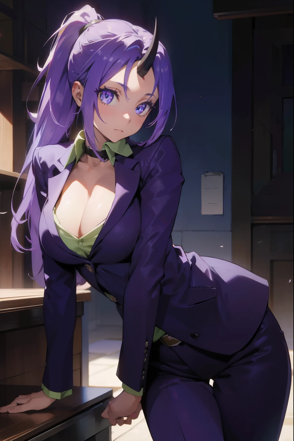 slimeshion, shion, black horns, hair intakes, horns, long hair, oni, oni girl, oni horn, oni horns, ponytail, (purple eyes:1.1), purple hair, single horn,
BREAK belt, belt buckle, black belt, buckle, cleavage, collarbone, jacket, long sleeves, office lady, pants, purple jacket, purple pants, wing collar, green collar,
BREAK looking at viewer,
BREAK outdoors,
BREAK (masterpiece:1.2), best quality, high resolution, unity 8k wallpaper, (illustration:0.8), (beautiful detailed eyes:1.6), extremely detailed face, perfect lighting, extremely detailed CG, (perfect hands, perfect anatomy),