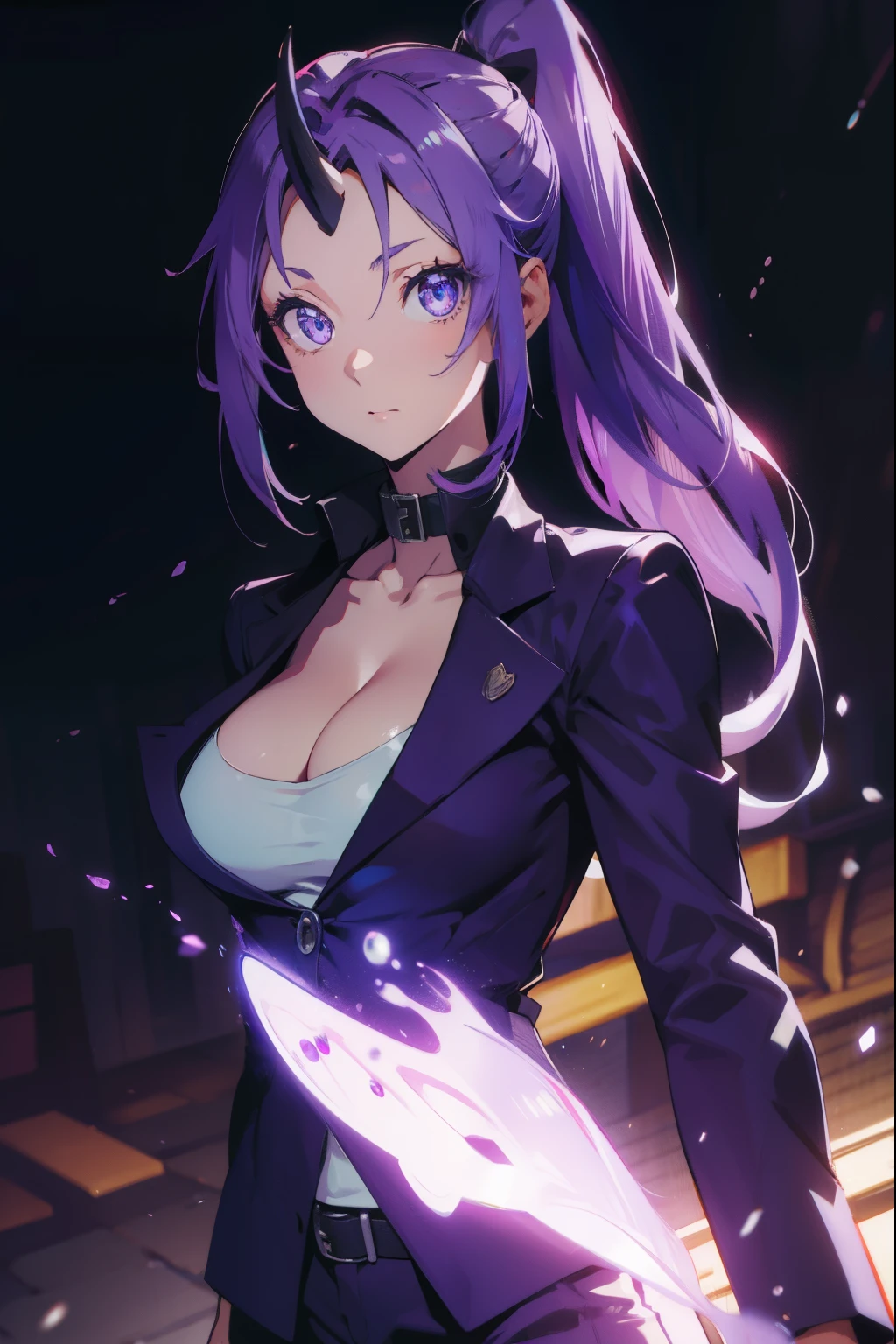 slimeshion, shion, black horns, hair intakes, horns, long hair, oni, oni girl, oni horn, oni horns, ponytail, (purple eyes:1.1), purple hair, single horn,
BREAK belt, belt buckle, black belt, buckle, cleavage, collarbone, jacket, long sleeves, office lady, pants, purple jacket, purple pants, wing collar, green collar,
BREAK looking at viewer,
BREAK outdoors,
BREAK (masterpiece:1.2), best quality, high resolution, unity 8k wallpaper, (illustration:0.8), (beautiful detailed eyes:1.6), extremely detailed face, perfect lighting, extremely detailed CG, (perfect hands, perfect anatomy),