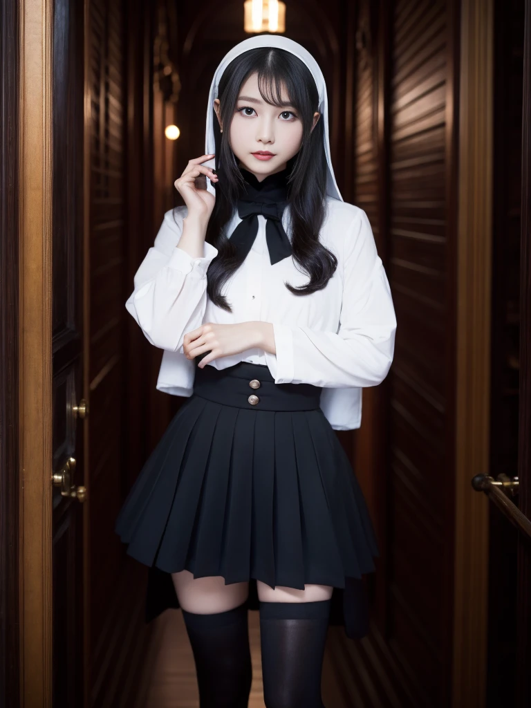 charming beauty、nun、The darkness、attraction、brainwashing、brainwashing装置、evil fall、Evil、darkness、black eyeshadow、black pantyhose、black stockings、Evil花嫁、white blouse、black pleated skirt、dark