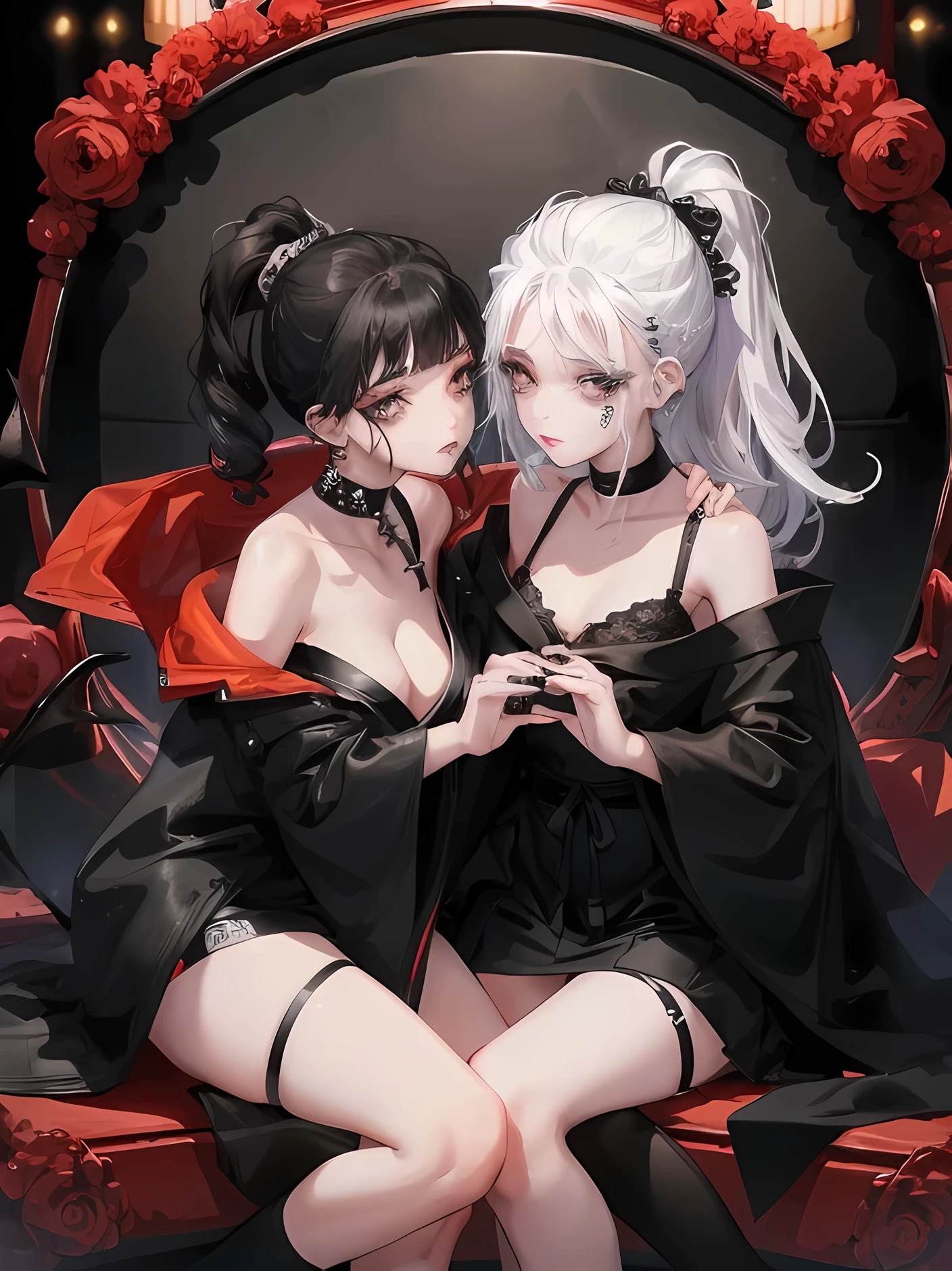 Two women kisasterpiece, best quality, high quality, ultra detailed, 1girl, looking at viewer, white hair, gray eyes, black lipstick, black shirt, sitting on a white floor, demon girl, gothcore, 1 7 -  - old,th girl, japanese gothic, gothic punk style, black metal style, hands on head,.yurikiss、Girl kissing girl、