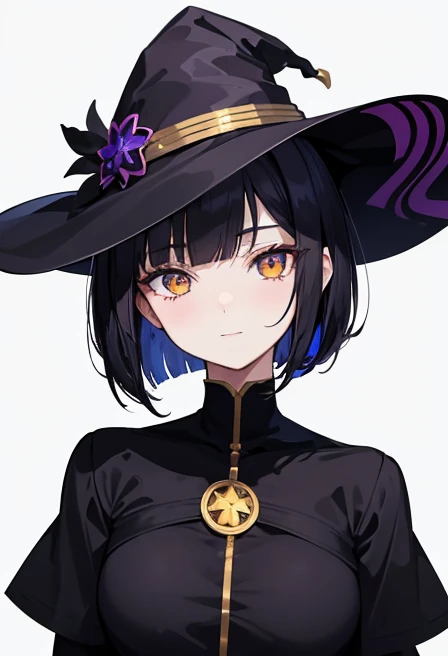 Witch's outfit, Anime-style portrait of a girl with a deep violet bob cut, {Golden eyes}, bright eyes, baby-faced, eye contact with the camera, subtle smile, minimalistic background to emphasize character, high contrast, clean lines, digital painting, vivid colors