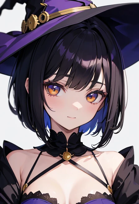 Witch's outfit, Anime-style portrait of a girl with a deep violet bob cut, {Golden eyes}, bright eyes, baby-faced, eye contact with the camera, subtle smile, minimalistic background to emphasize character, high contrast, clean lines, digital painting, vivid colors