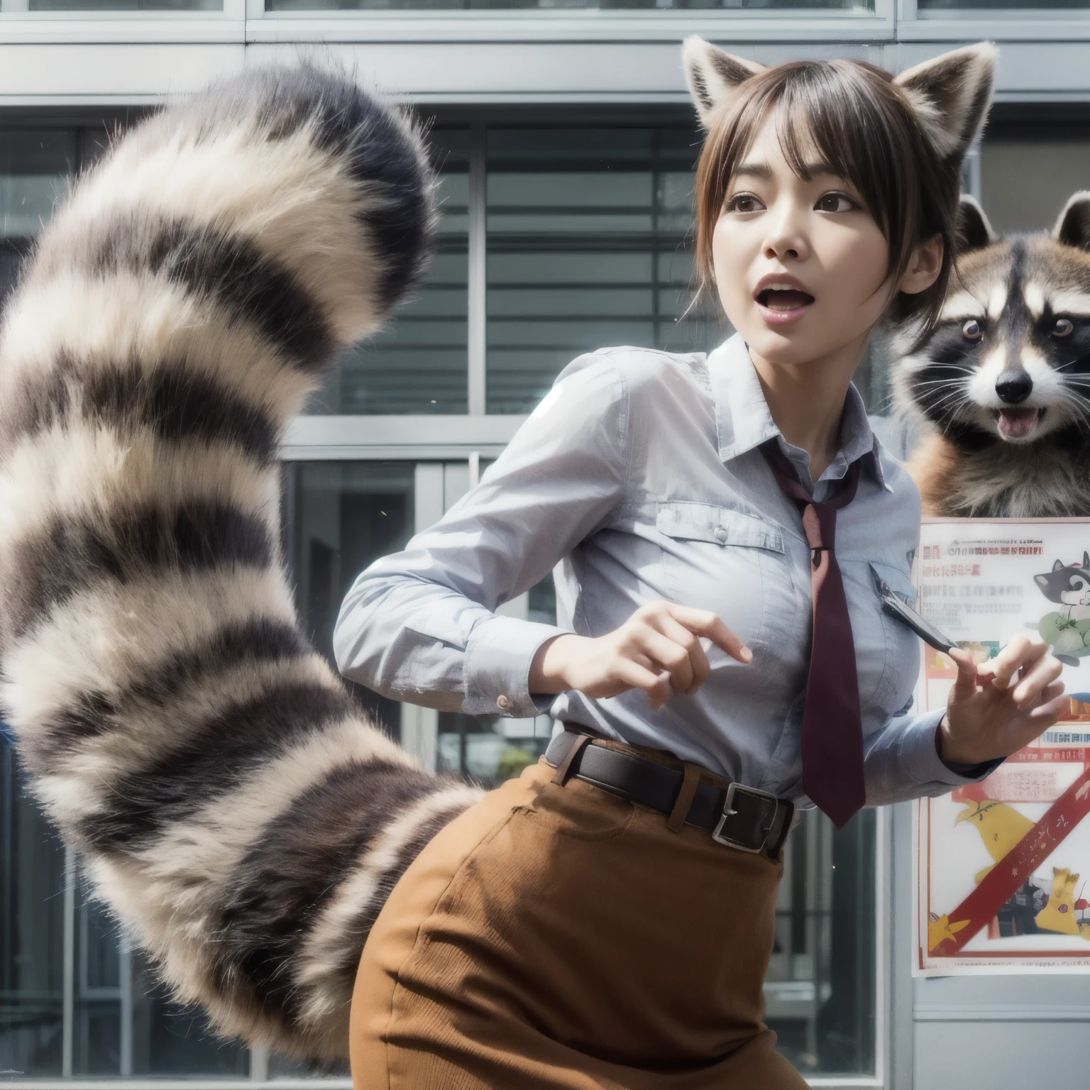 There is a woman wearing a skirt and a cat wearing a shirt, anthropomorphic raccoon, raccoon, Red Panda in Propaganda Poster, Realistic anime 3d style, inspired by Kanō Naizen, software version, by Kanō Naizen, Japanese live action movie, raccoonの頭を持つ人, In Zootopia City, photograph, highest quality
