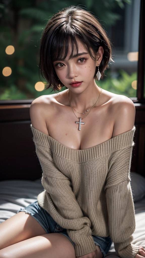 (short hair woman), (off shoulder sweater, oversized sweater), (((spread legs onbed))),(((vaginal,sex))),(((cum in pussy))),(((from above))), (((lying on bed))),(((white bed sheet))),(((lie on the pillow))),(((perfect anatomy))), on the bed, deep cleavage, highest quality, masterpiece, figure, very delicate and beautiful, very fine skin, cg, unity, 8k wallpaper, wonderful, small details, highly detailed cg unity 8k wallpaper, huge file size, High resolution, handsome detailed woman, very detailed eyes and face, amazingly detailed eyes, light shines on your face, (Best figure: 1.1), (best shadow: 1.1), ultra High resolution, (realistic: 1.1), (realistic 1.2:1.1), realistic facial proportions,slim,smile,(fluffy black eye: 1.21), black eye, looking at the viewer, dark brown hair, earrings, necklace, hairpin, full body shot, (irregular skin defects,vein,Wrinkles on the skin), (dark night background: 1.2), (Bokeh: 1.4), ((super big breasts)),looking at viewer,The girl's breasts aren't exposed at all., You can clearly see that she has very large breasts
