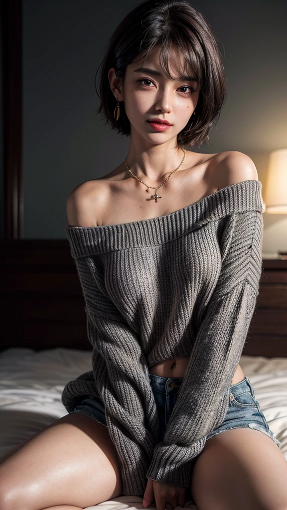 (short hair woman), (off shoulder sweater, oversized sweater), (hidden shorts), (sit cross-legged, Put your hands on your thighs), on the bed, medium breasts, deep cleavage, highest quality, masterpiece, figure, very delicate and beautiful, very fine skin, cg, unity, 8k wallpaper, wonderful, small details, highly detailed cg unity 8k wallpaper, huge file size, High resolution, handsome detailed woman, very detailed eyes and face, amazingly detailed eyes, light shines on your face, (Best figure: 1.1), (best shadow: 1.1), ultra High resolution, (realistic: 1.1), (realistic 1.2:1.1), realistic facial proportions,slim,smile,(fluffy black eye: 1.21), black eye, looking at the viewer, dark brown hair, earrings, necklace, hairpin, full body shot, (irregular skin defects,vein,mole,Wrinkles on the skin,pores: 1.2), (dark night background: 1.2), (Bokeh: 1.4),