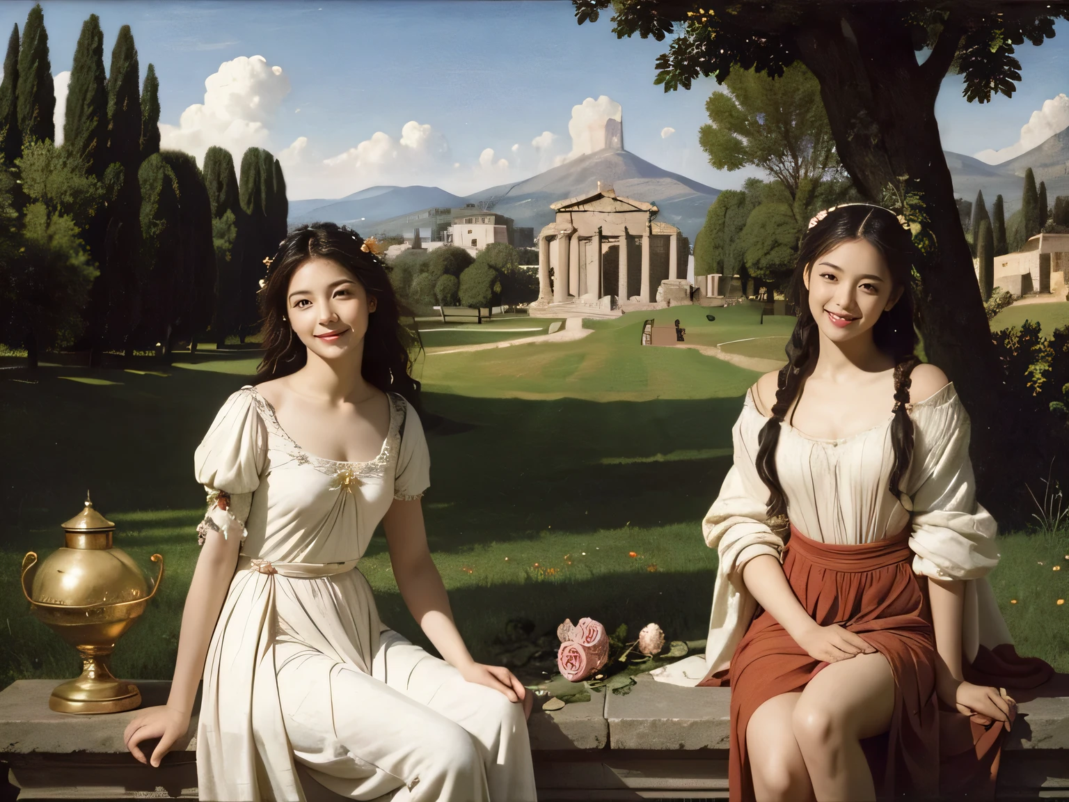 full body portrait or statue、Giorgione painting style,Arguments of two female Philosophe,math、astronomical machine、astronaut、roses in vase、fruits、Cute trinkets、smile、ancient greek costume、Ancient Roman landscape in the style of Nicolas Poussin,laughter,,Sweet and seductive appearance.、Caravaggio's paintings、Chiaroscuro of Caravaggio、hair tousled by the wind,Two women frolicking,cute smile, expression of ecstasy,Sexy,erotic