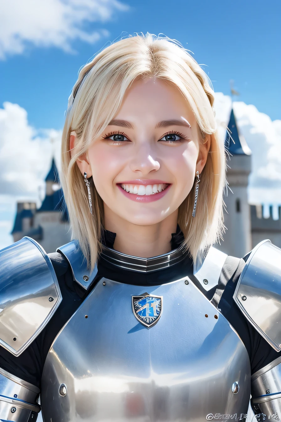 ８Ｋ、highest quality、female knight、The background is a castle、Luxurious Silver Armor、heavy equipment、hairstyle short cut、smile、beautiful teeth、full body photo、ear piercing、white woman、blonde hair、blue eyes、Gummy Smile、The background is a cloudy sky、heavy makeup

