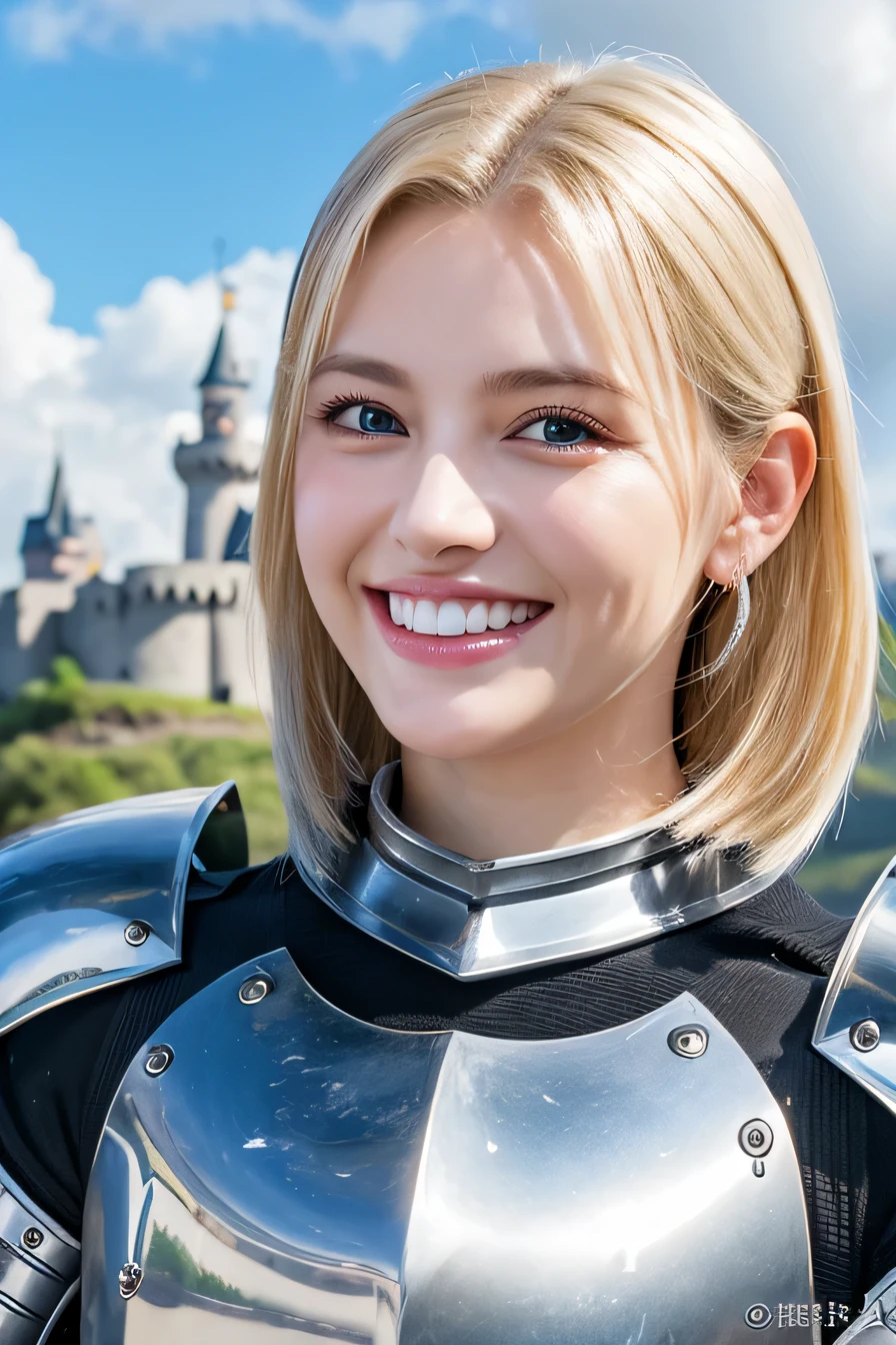 8K、highest quality、female knight、The background is a castle、Luxurious Silver Armor、heavy equipment、hairstyle short cut、smile、beautiful teeth、full body photo、ear piercing、white woman、blonde hair、blue eyes、Gummy Smile、The background is a cloudy sky、heavy makeup