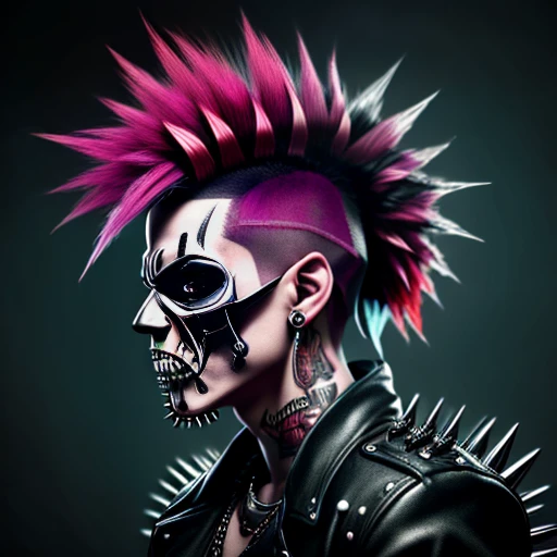 official art, unity 8k wallpaper, ultra detailed, aesthetically pleasing, High quality, masterpiece, best quality, Punk skull with red mohawk, side view, 1man, looking left, wide open mouth, detailed teeth, empty eye sockets, black and red graphic style, high contrast, (best quality, 4k, 8k, high resolution, masterpiece:1.2), ultra-detailed, illustration, HDR, UHD, sharp focus, bold lines, (punk, rebellious, aggressive:1.2), hot color tones, 