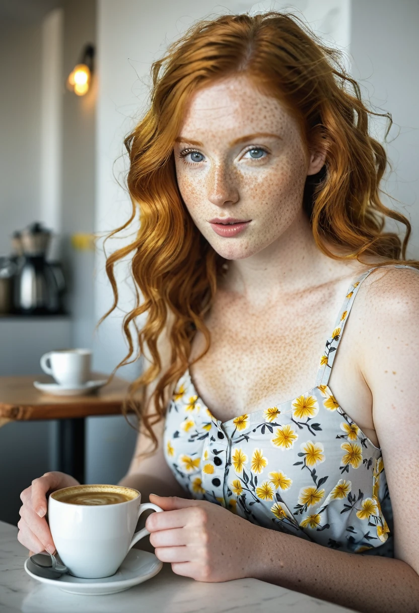 1girl in, age13, Solo, Aesthetic artwork, irish redhead, wavy ginger hair, shoulder length ginger hair, gray eyes, light grey eyes, some small freckles, pale skin, D-cup, big breasts, runners body, (textured skin, skin pores:1.1), (moles:0.8), imperfect skin, goosebumps, sitting down having coffee, drinking coffee, (extremely detailed 8k wallpaper), soft lighting, high quality, film grain, Fujifilm XT3 sharp focus, f 5.6, 50mm, High Detail, Sharp focus,(natural light), in a yellow colored dress. A yellow sundress, floral pattern sundress, crazy details, complex details, hyperdetailed